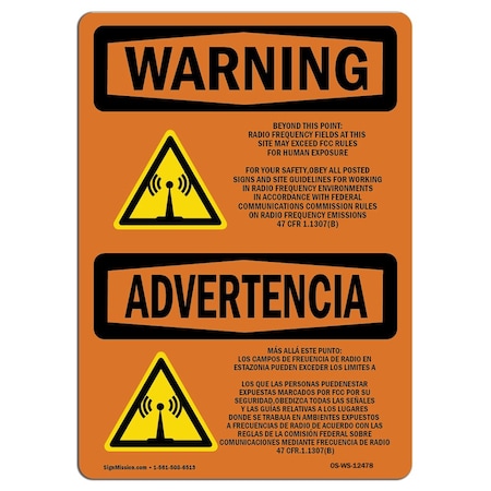 Signmission OSHA Sign, 10" Height, 14" Width, Aluminum, Beyond This Point Radio Frequency Bilingual, Landscape OS-WS-A-1014-L-12478
